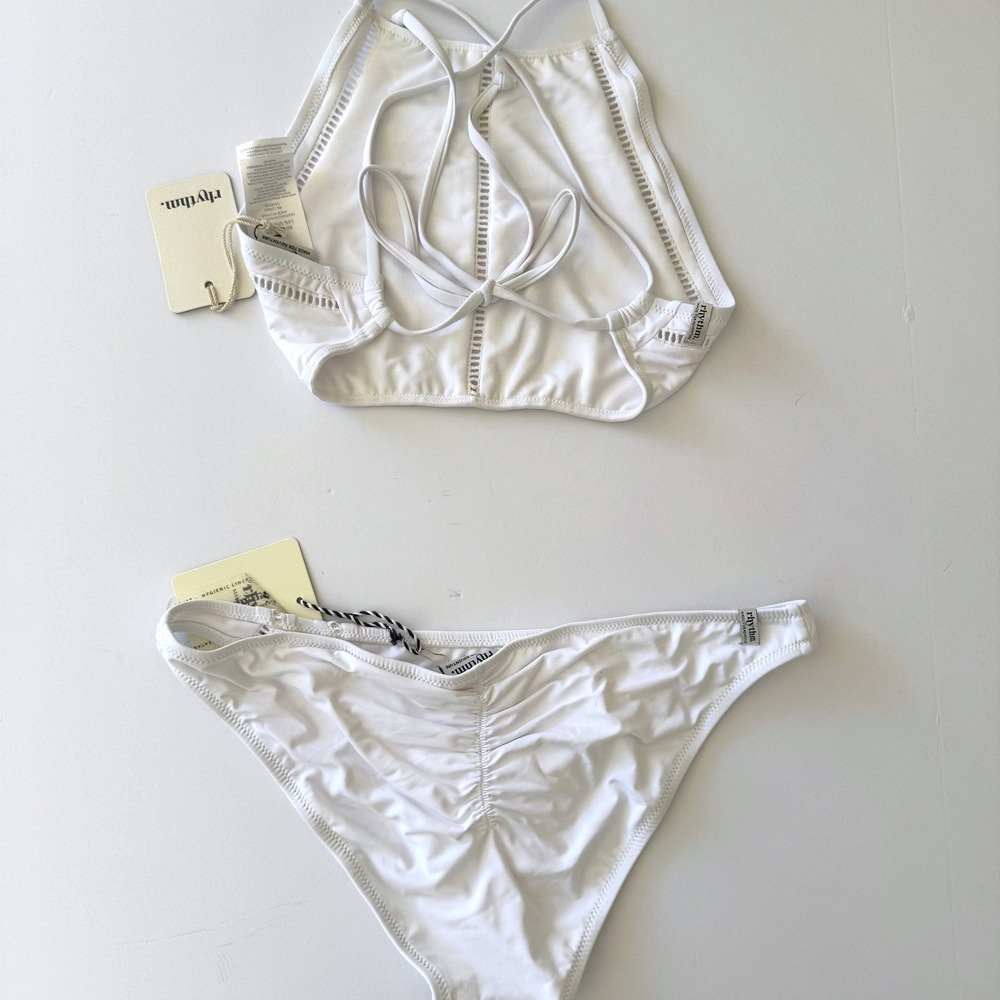 NWT Rhythm White High Neck Halter Hipster Cutout Bottom Size Large Coastal Boho - Picture 16 of 16